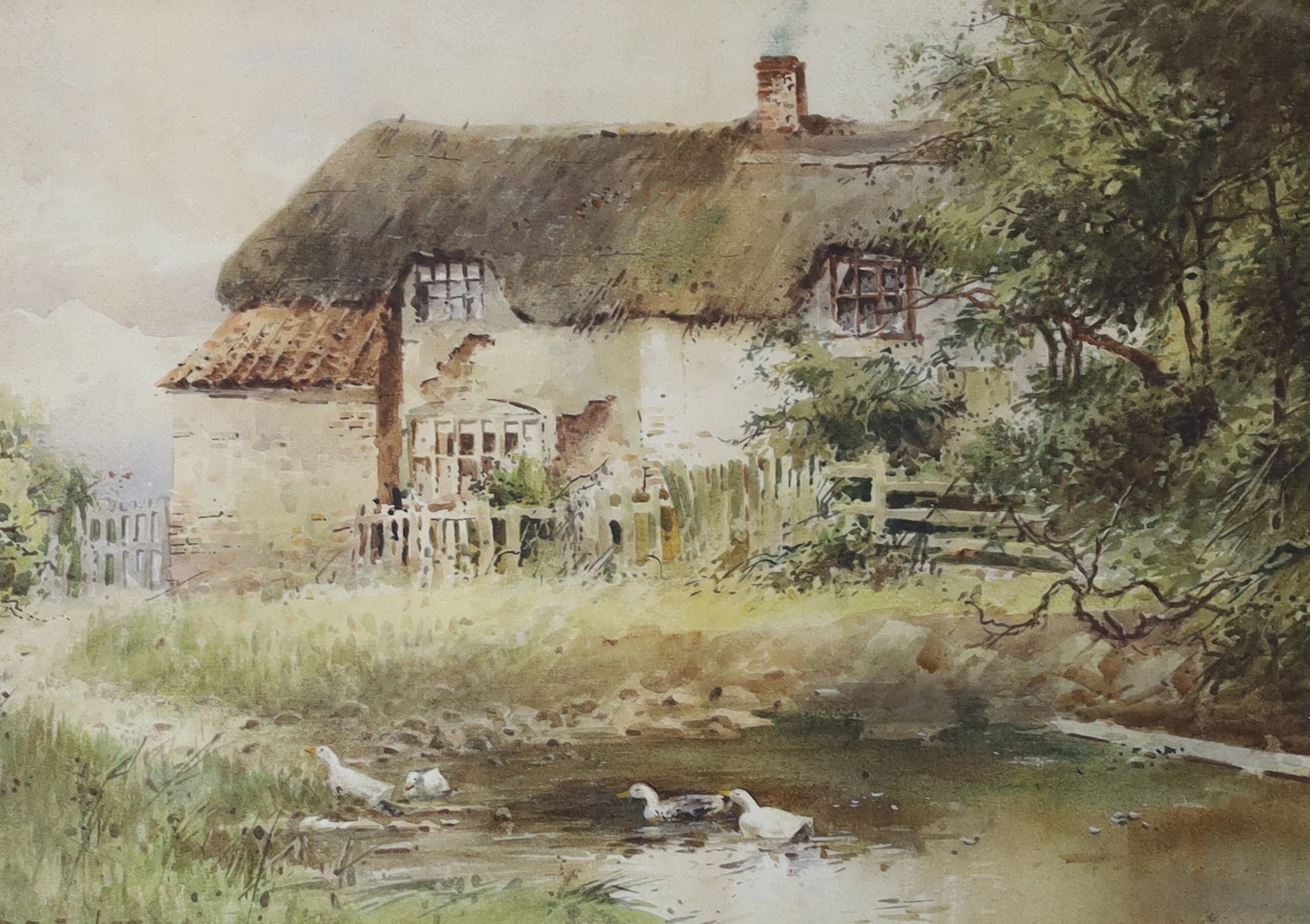 John Gutteridge Sykes (1866-1941), watercolour, Ducks with thatched cottage, signed, 27 x 37cm and a pencil sketch of a Welsh village, 32 x 22cm